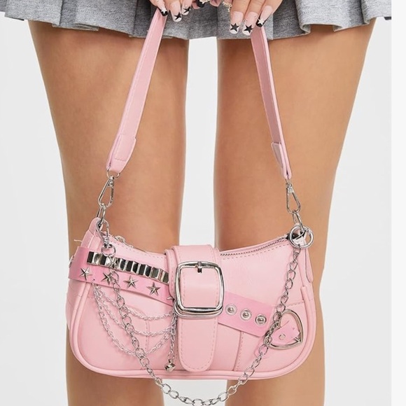 Y2K style whimsy goth Shoulder Bag with Chain Accents buckles - Picture 3 of 5